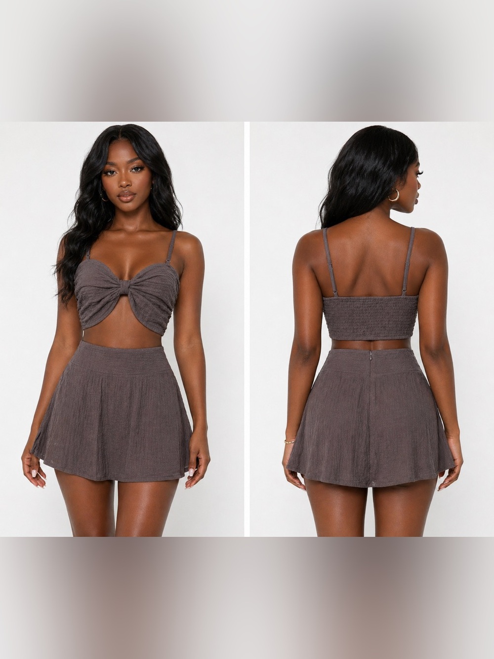 Twist Front Crop Top & High Waist Skirt Set - Deep Taupe